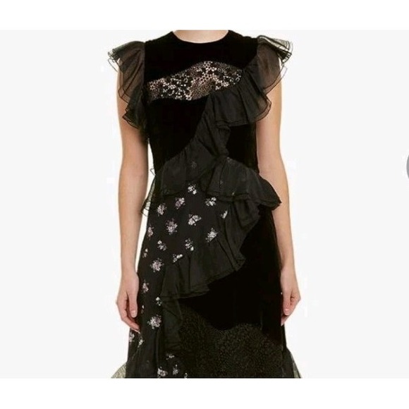 Rebecca‎ Taylor Midi Dress Black Ruffle Jacquard Velvet Floral SZ 10 Retail $730 - Picture 4 of 15
